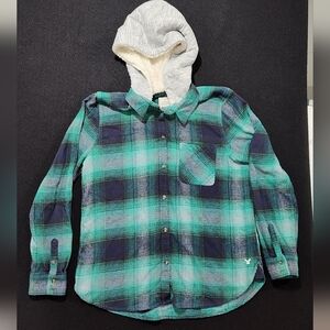 American Eagle Button Up Flannel Hoodie, Vintage Boyfriend, Large, Green Plaid
